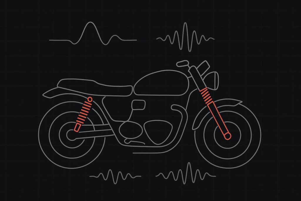 Technical blueprint-style illustration of motorcycle suspension damping and high-speed stability