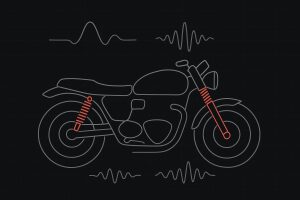 Technical blueprint-style illustration of motorcycle suspension damping and high-speed stability