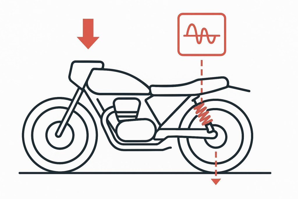 Technical diagram of motorcycle suspension instability under load (two-up and touring), showing increased sag and reduced travel margin