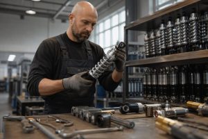 Motorcycle rear shock absorbers on a production line illustrating OEM manufacturing, tooling and sample approval stages