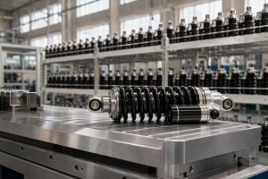 Motorcycle shock absorber on a test rig with force-velocity curves and inspection records beside it