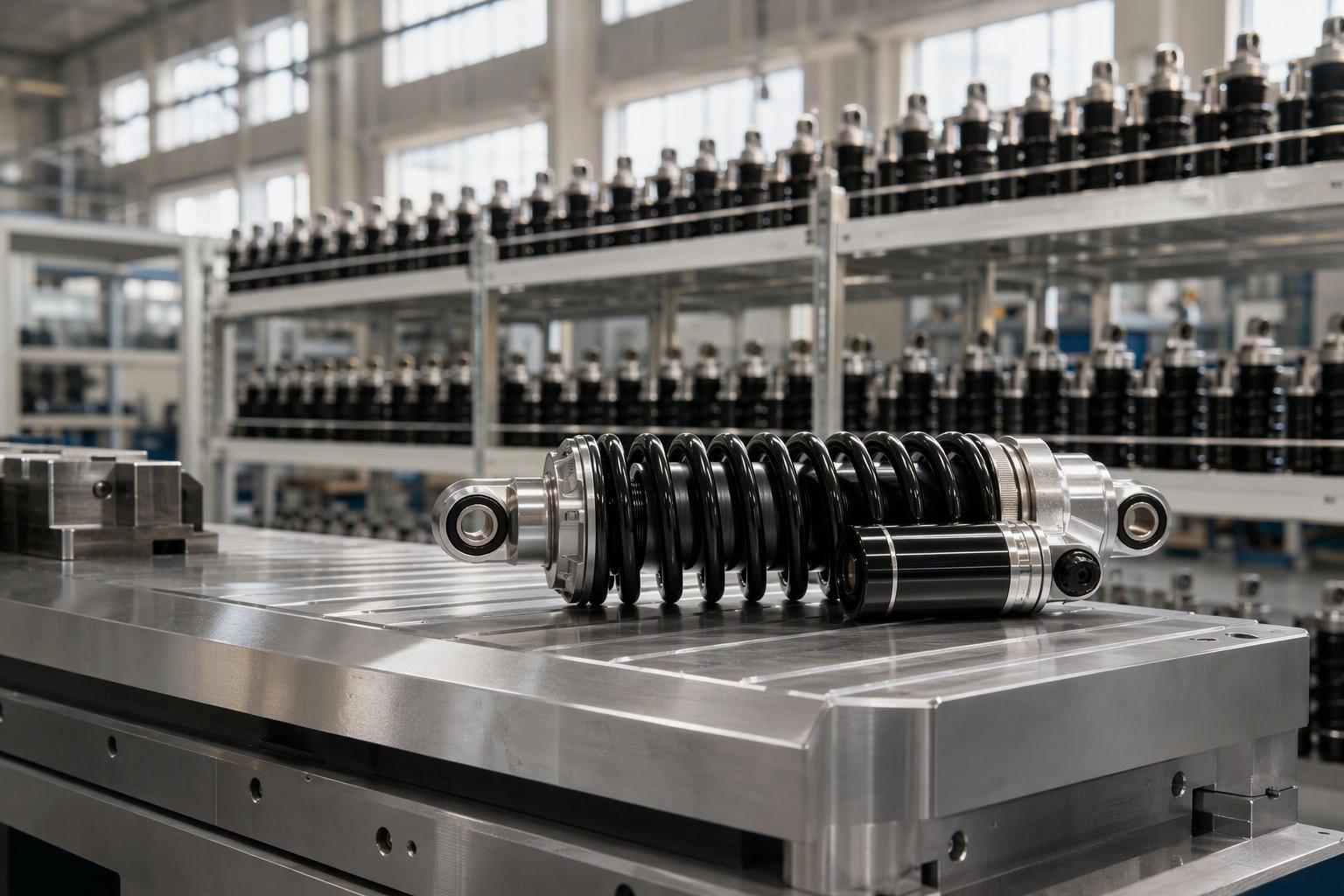 Motorcycle shock absorber on a test rig with force-velocity curves and inspection records beside it